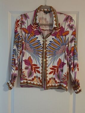 Haute Hippie White Button-Front Shirt with Pink, Purple & Orange Floral Print